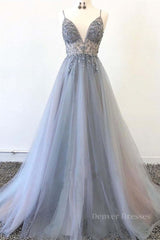 Party Dresses Summer, A Line V Neck Grey Beaded Long Prom Dress with Split, Grey Beaded Formal Graduation Evening Dress