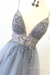 Party Dress For Summer, A Line V Neck Grey Beaded Long Prom Dress with Split, Grey Beaded Formal Graduation Evening Dress