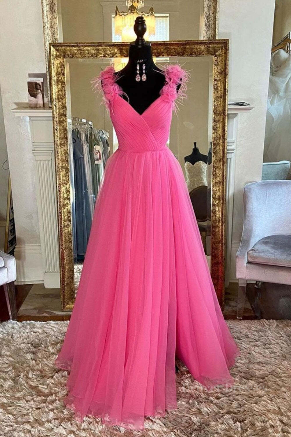 Pink Formal Dress, A Line V Neck Hot Pink Tulle Long Prom Dress with Slit, Hot Pink Formal Graduation Evening Dress