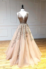 Prom Dress Under 139, A Line V Neck Lace Champagne Tulle Long Prom Dress, V Neck Lace Champagne Formal Dress, Champagne Lace Evening Dress