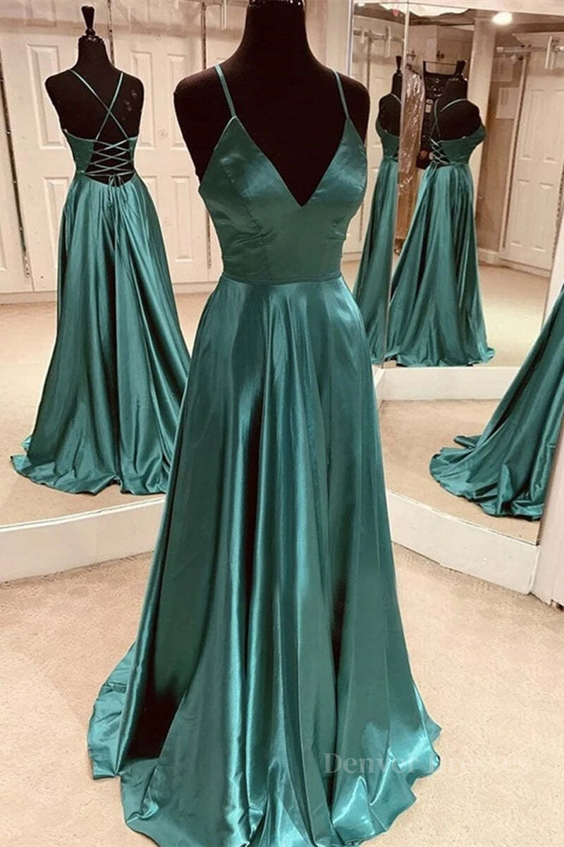 Prom Dresses 2062 Cheap, A Line V Neck Open Back Emerald Green Satin Long Prom Dress, Backless Emerald Green Formal Graduation Evening Dress
