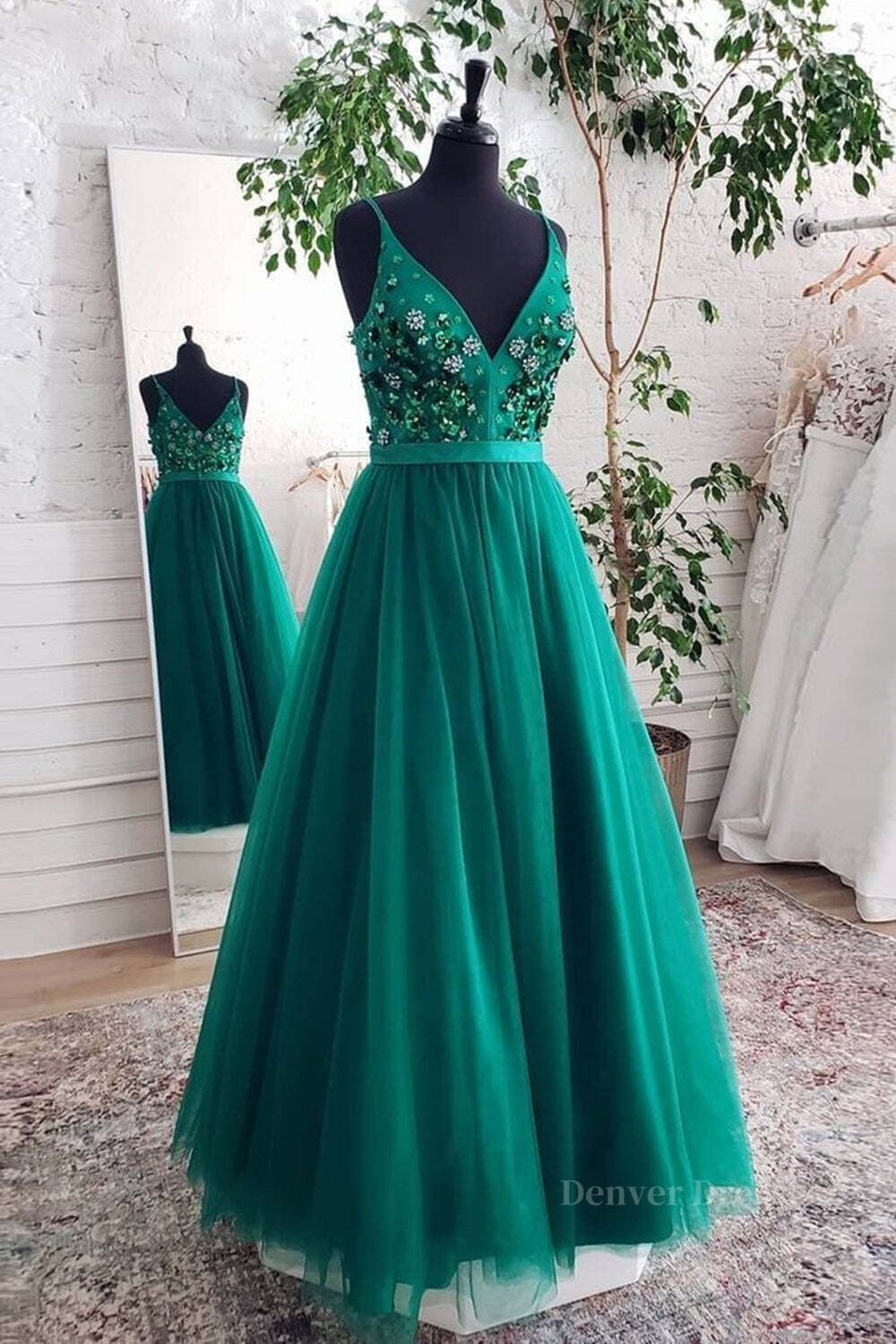Homecoming Dresses Knee Length, A Line V Neck Open Back Green Floral Long Prom Dresses, Open Back Green Formal Evening Dresses