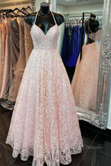 Prom Dress Tight, A Line V Neck Open Back Pink Lace Long Prom Dress, Pink Lace Formal Graduation Evening Dress