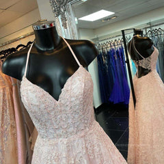 Prom Dress Gown, A Line V Neck Open Back Pink Lace Long Prom Dress, Pink Lace Formal Graduation Evening Dress