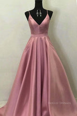 Prom Dresses Ball Gown, A Line V Neck Open Back Pink Satin Long Prom Dresses, Open Back Pink Formal Graduation Evening Dresses