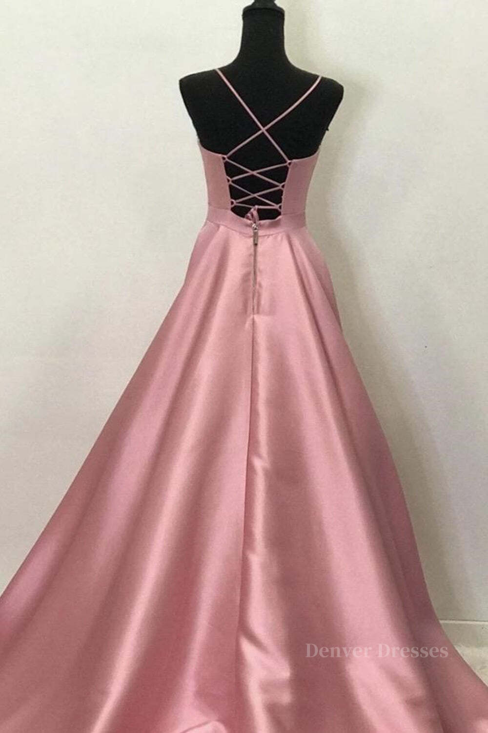 Prom Dresses Vintage, A Line V Neck Open Back Pink Satin Long Prom Dresses, Open Back Pink Formal Graduation Evening Dresses