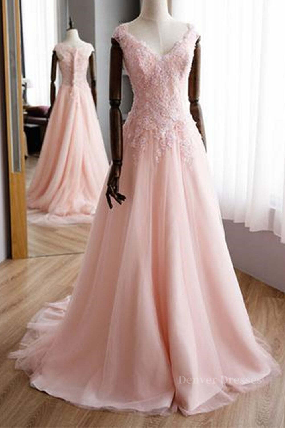 Prom Dress Long Ball Gown, A Line V Neck Pink Lace Long Prom Dresses, Pink Lace Formal Graduation Evening Dresses
