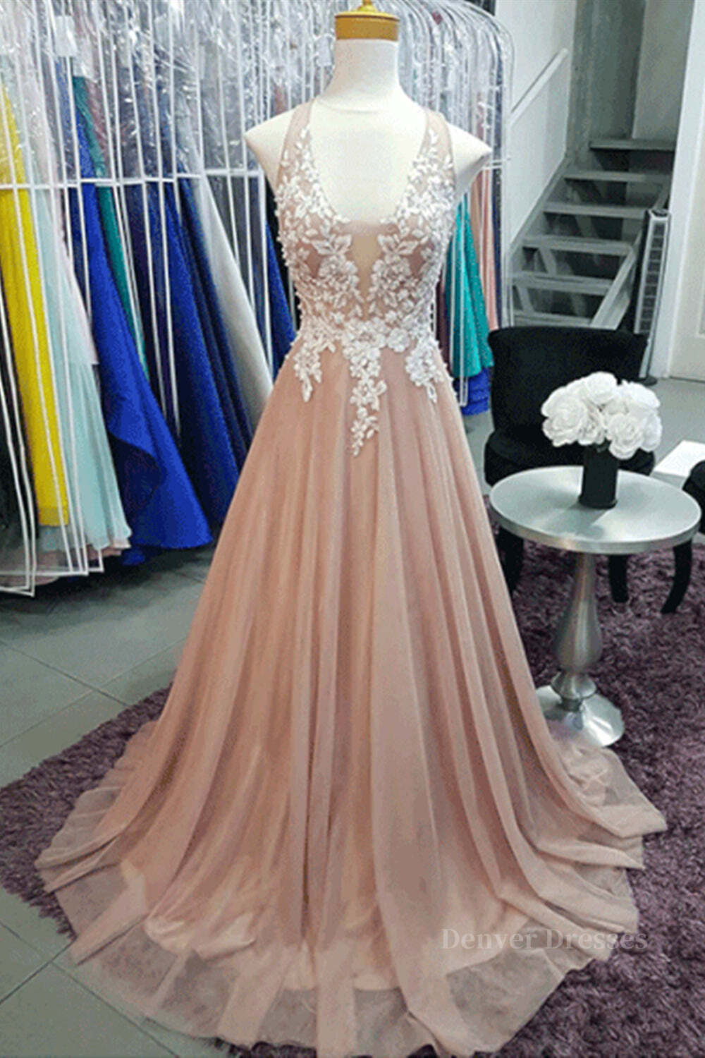 Yellow Prom Dress, A Line V Neck Pink Lace Long Prom Dresses, V Neck Pink Formal Dresses, Pink Lace Evening Dresses