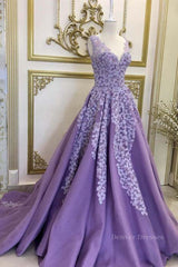 Prom Dresses Blue Lace, A Line V Neck Purple Long Prom Dresses with Lace Appliques, V Neck Purple Formal Evening Dresses