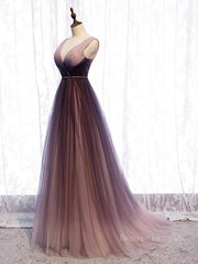 Party Dress Prom, A Line V Neck Purple Ombre Prom Dresses, V Neck Purple Ombre Formal Evening Bridesmaid Dresses