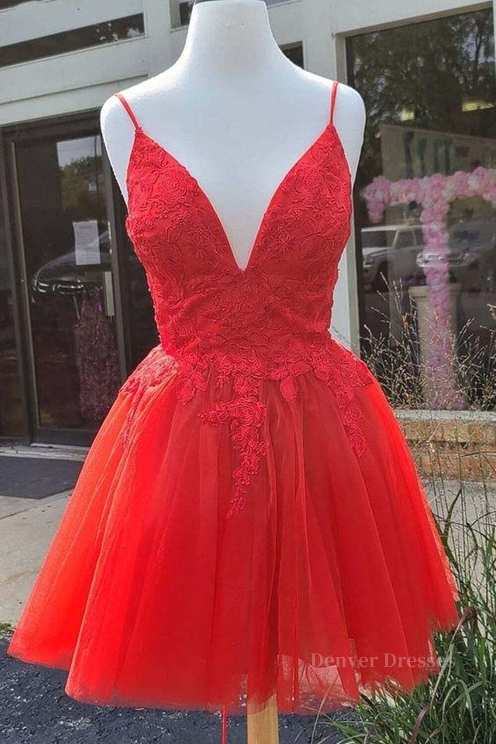 Prom Dresses Designers, A Line V Neck Red Lace Short Prom Dress, Red Lace Homecoming Dress