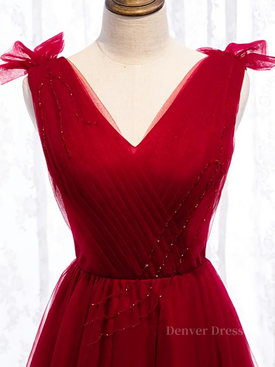 Club Outfit, A Line V Neck Red Tea Length Prom Dress with Corset Back, Red Tea Length Formal Graduation Dresses