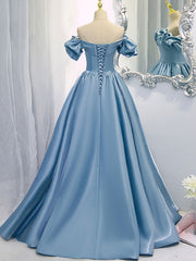 Wedding Photo, A-Line V Neck Satin Blue Long Prom Dress, Blue Formal Evening Dresses