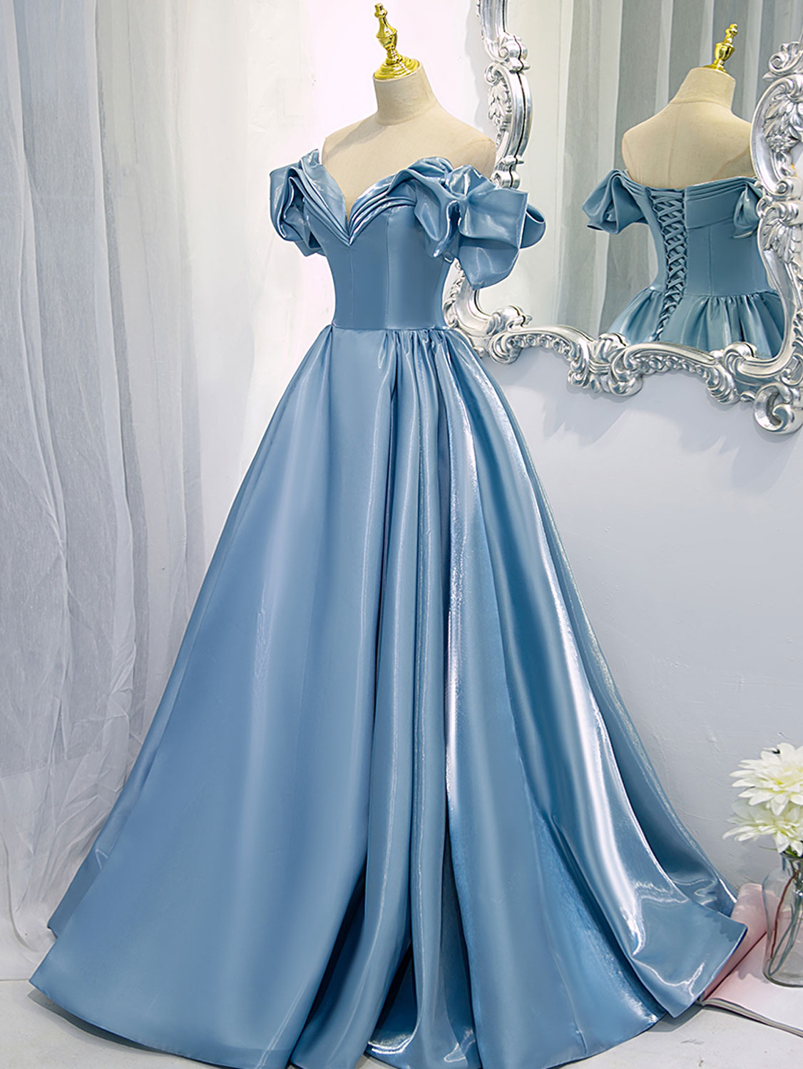 Mermaid Wedding Dress, A-Line V Neck Satin Blue Long Prom Dress, Blue Formal Evening Dresses