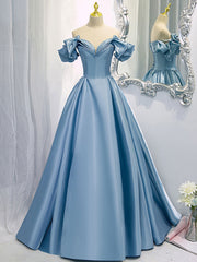 Bridesmaids Dresses Strapless, A-Line V Neck Satin Blue Long Prom Dress, Blue Formal Evening Dresses