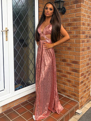 Party Dresses Modest, A-line V-neck Sequin Floor-Length Sequins Dress