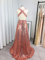 Party Dress Modest, A-line V-neck Sequin Floor-Length Sequins Dress