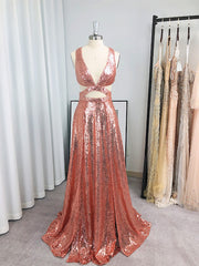 Party Dress Hijab, A-line V-neck Sequin Floor-Length Sequins Dress