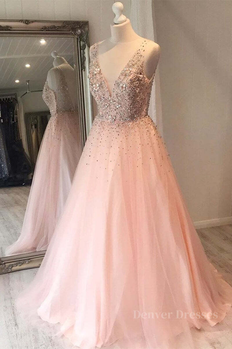 Party Dress Patterns, A Line V Neck Sequins Pink Long Prom Dress, Pink Formal Graduation Evening Dress