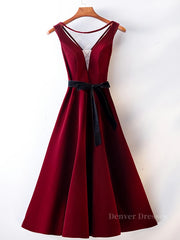 Bridesmaid Dress Satin, A Line V Neck Short Burgundy Prom Dresses, Wine Red Short Formal Graduation Homecoming Dresses