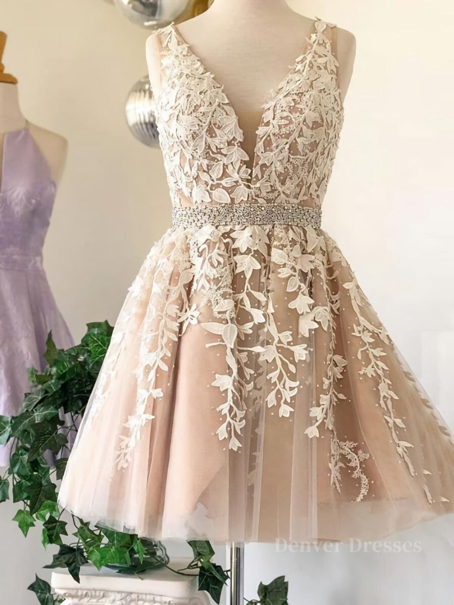 Wedding Dress Outlet Near Me, A Line V Neck Short Champagne Lace Wedding Dresses, Short Champagne Lace Formal Prom Dresses