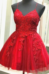 Formal Dresses To Wear To A Wedding, A Line V Neck Short Red Lace Prom Dresses, Short Red Lace Formal Homecoming Dresses