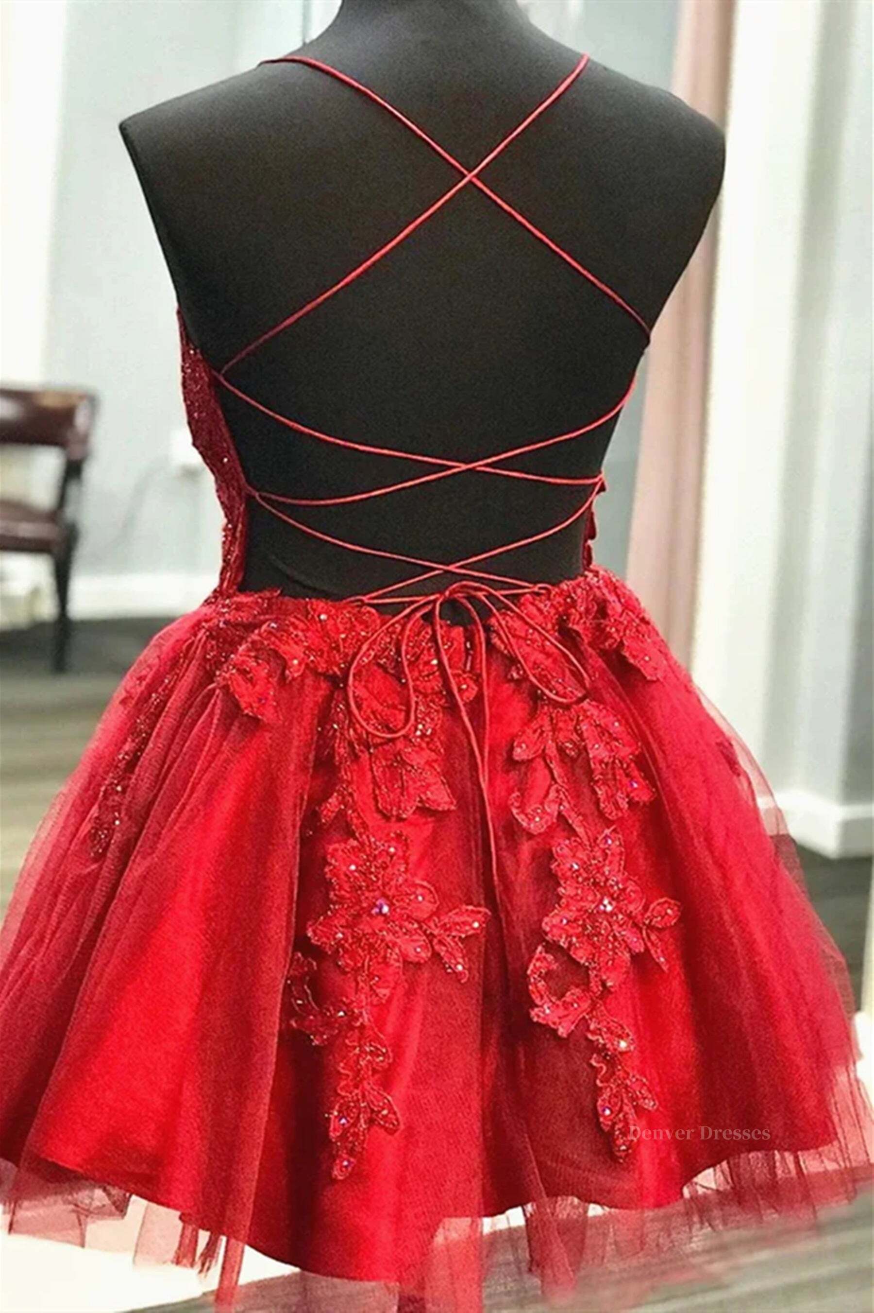 Formal Dress Inspo, A Line V Neck Short Red Lace Prom Dresses, Short Red Lace Formal Homecoming Dresses