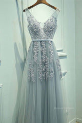 Light Blue Dress, A Line V Neck Silver Gray Lace Prom Dresses, Grey Lace Formal Evening Dresses