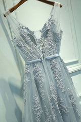 Long Gown, A Line V Neck Silver Gray Lace Prom Dresses, Grey Lace Formal Evening Dresses