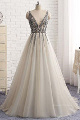 Homecoming Dress Idea, A Line V Neck Silver Gray Long Prom Dresses, Silver Grey Beaded Long Formal Evening Dresses