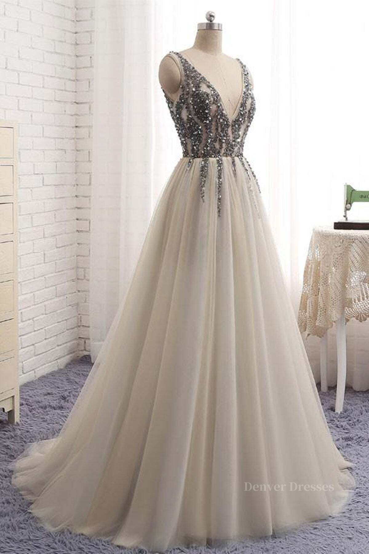 Homecoming Dress Beautiful, A Line V Neck Silver Gray Long Prom Dresses, Silver Grey Beaded Long Formal Evening Dresses