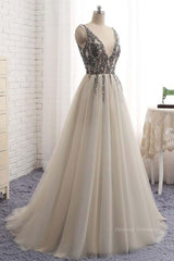 Homecoming Dress Beautiful, A Line V Neck Silver Gray Long Prom Dresses, Silver Grey Beaded Long Formal Evening Dresses