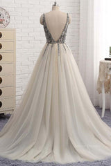 Homecoming Dresses Beautiful, A Line V Neck Silver Gray Long Prom Dresses, Silver Grey Beaded Long Formal Evening Dresses