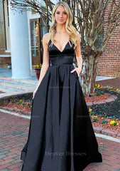 Summer Wedding, A-line V Neck Sleeveless Charmeuse Long/Floor-Length Prom Dress With Pockets