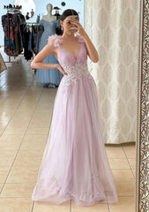 Red Prom Dress, A-line V Neck Sleeveless Long/Floor-Length Tulle Prom Dress With Appliqued Beading Flowers