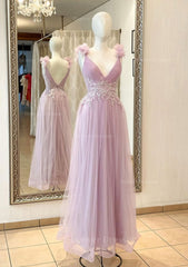 Prom Dresses For Kids, A-line V Neck Sleeveless Long/Floor-Length Tulle Prom Dress With Appliqued Beading Flowers