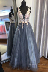 Party Dress Bridal, A Line V Neck Smoke Blue Long Prom Dress with Lace Appliques, Floral Smoke Blue Formal Graduation Evening Dress