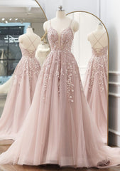 Party Dress For Teenage Girl, A-line V Neck Spaghetti Straps Sweep Train Tulle Prom Dress With Appliqued Beading