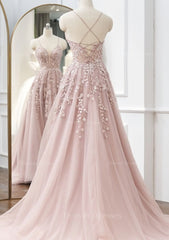 Party Dresses Summer Dresses, A-line V Neck Spaghetti Straps Sweep Train Tulle Prom Dress With Appliqued Beading