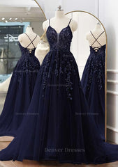 Party Dress Black, A-line V Neck Spaghetti Straps Sweep Train Tulle Prom Dress With Appliqued Beading