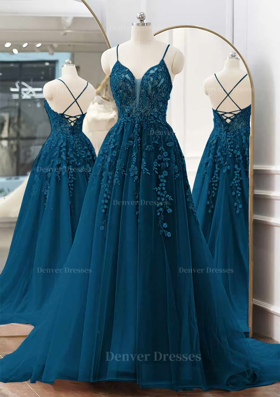Party Dress Large Size, A-line V Neck Spaghetti Straps Sweep Train Tulle Prom Dress With Appliqued Beading