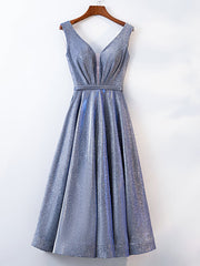 Prom Dress Shops, A Line V Neck Tea Length Gray/Pink Prom Dresses, Shiny Tea Length Formal Dresses