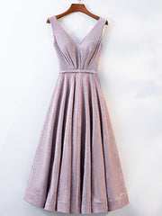 Prom Dresses Shopping, A Line V Neck Tea Length Gray/Pink Prom Dresses, Shiny Tea Length Formal Dresses