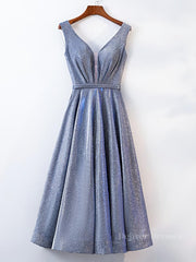 Bridesmaid Dress Under 131, A Line V Neck Tea Length Prom Dresses, Shiny Tea Length Formal Evening Dresses