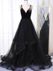Bridesmaid Dresses Neutral, A Line V Neck Tulle Black Ball Gown, Black Prom, Black Formal