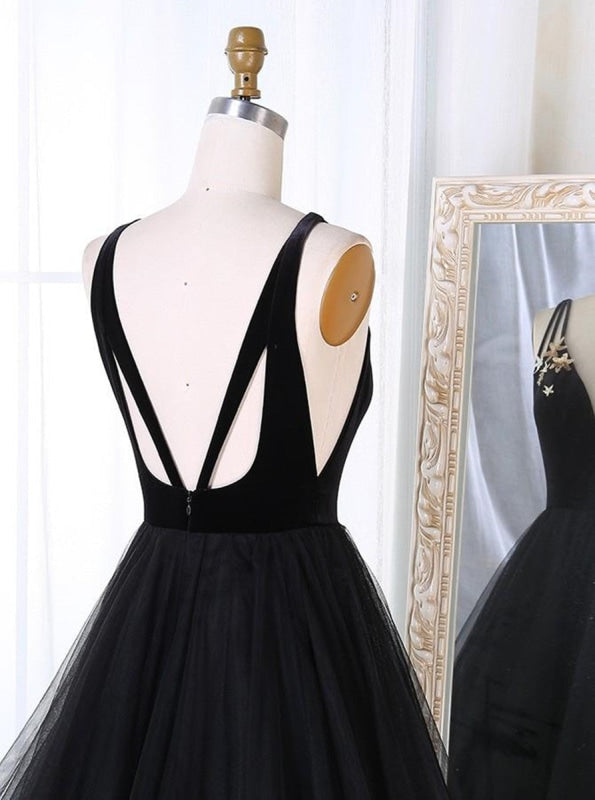 Bridesmaid Dress Mismatched, A Line V Neck Tulle Black Ball Gown, Black Prom, Black Formal