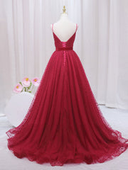 Prom Dress For Kids, A-Line V Neck Tulle Burgundy Long Prom Dress, Burgundy Formal Dresses