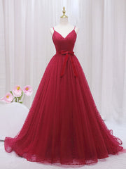 Maxi Dress, A-Line V Neck Tulle Burgundy Long Prom Dress, Burgundy Formal Dresses