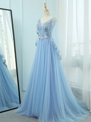 Bridesmaid Dresses Convertible, A-Line V Neck  Tulle Lace Blue Long Prom Dresses, Blue Formal Evening Dress