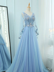 Bridesmaids Dress Convertible, A-Line V Neck  Tulle Lace Blue Long Prom Dresses, Blue Formal Evening Dress